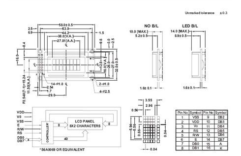 8 X 2 Grey Mode STN LCD Display 6'Clock Viewing Angle S6A0069 Controller ISO Standard